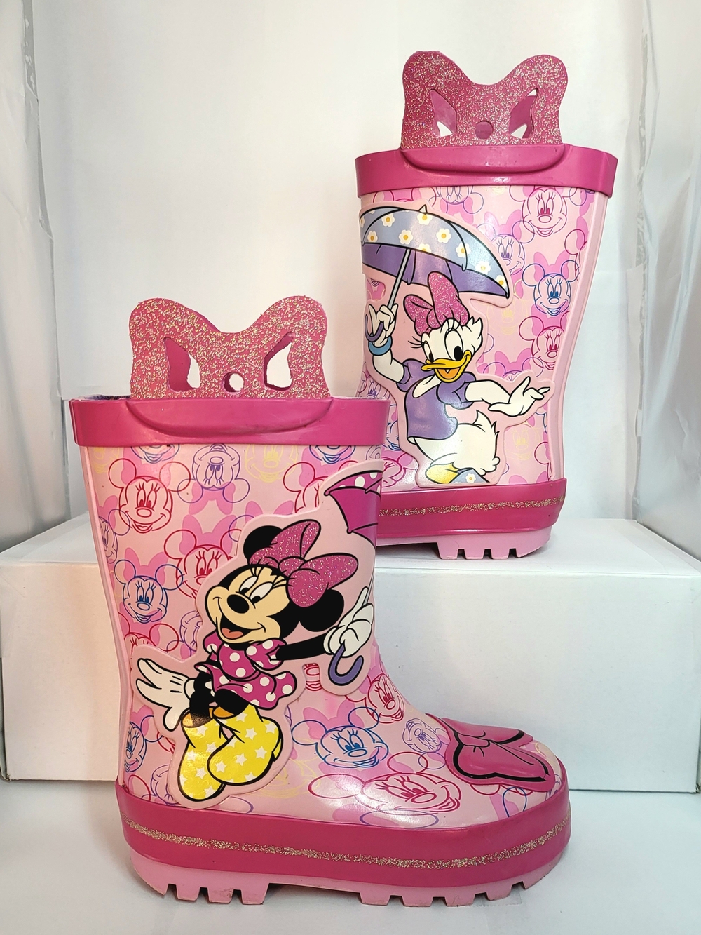 Disney Minnie Mouse Daisy Duck Pink Rain Boots Toddler Size 5/6 Glitter Bow